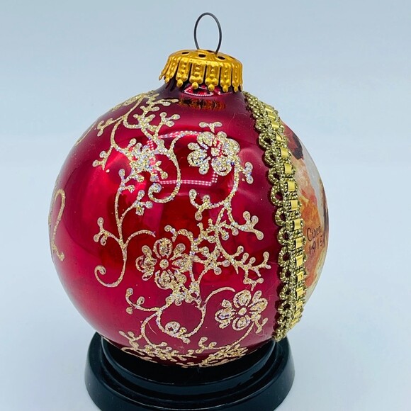 1992 Santa Claus Painted Silk Glass Ball Christmas Tree Ornament Gold Glitter - Picture 3 of 6